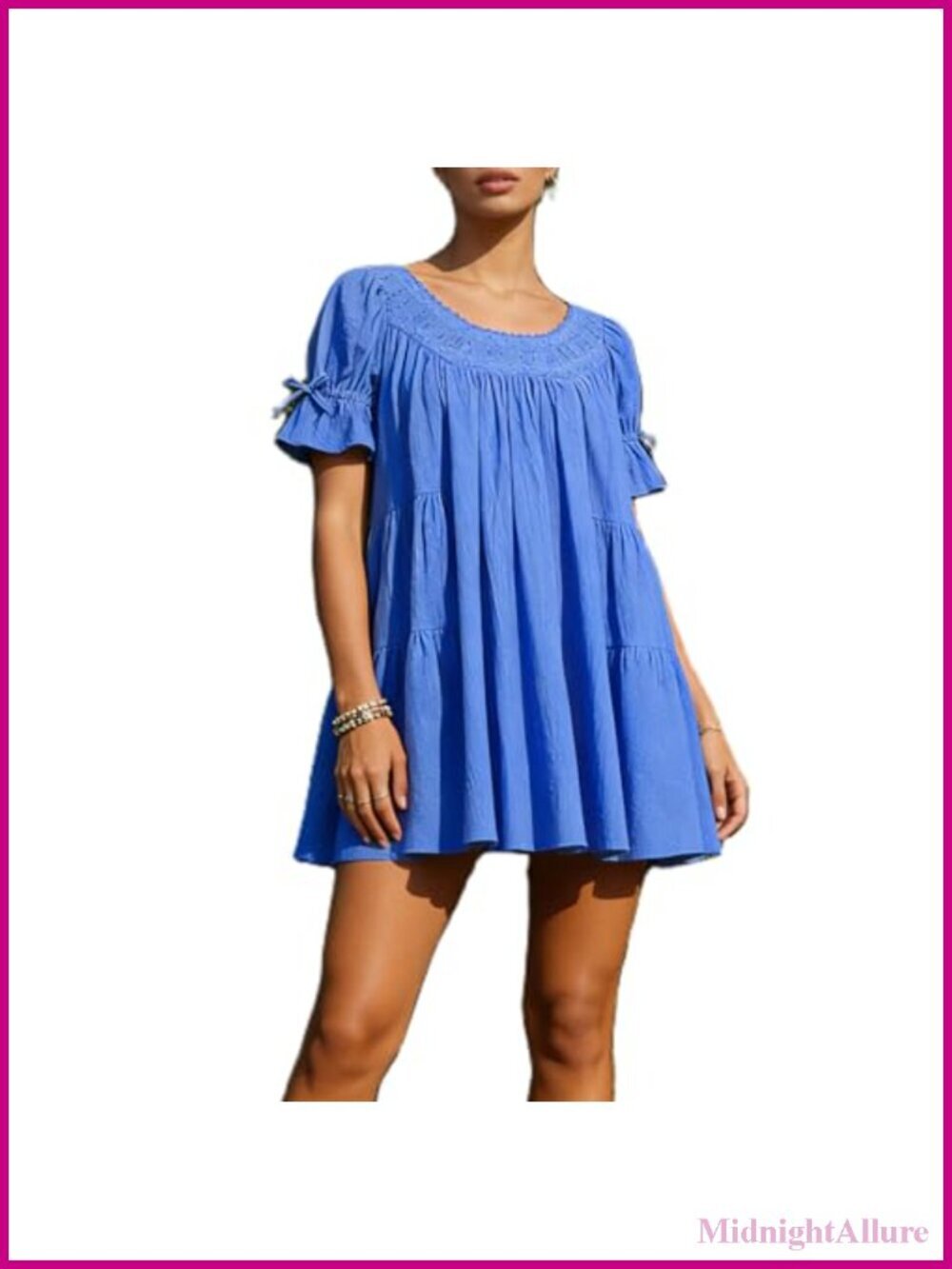 Flowy Babydoll Mini Dress Puff Short Sleeve Ruffle Scoop Neck Casual Summer